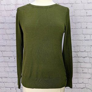 Ann Taylor Sz Medium Olive Green Pullover Sweater Long Sleeve Crew Neck Buttons